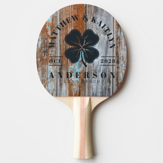 Worn Blue Wash Wood Irish Clover Wedding Crest Pingisracket (Framsidan)