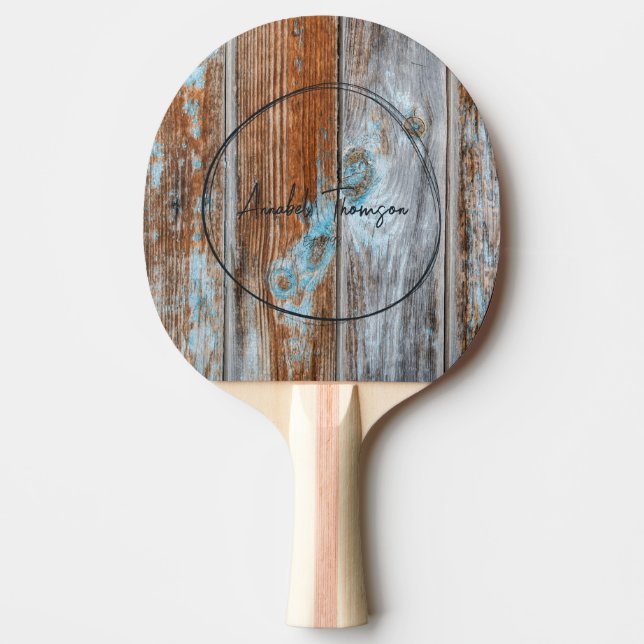 Worn Blue Wash Wood Name in Drawn Circle  Pingisracket (Framsidan)