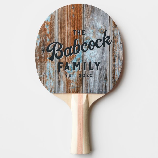 Worn Blue Wash Wood Retro Family Name & Year Pingisracket (Framsidan)