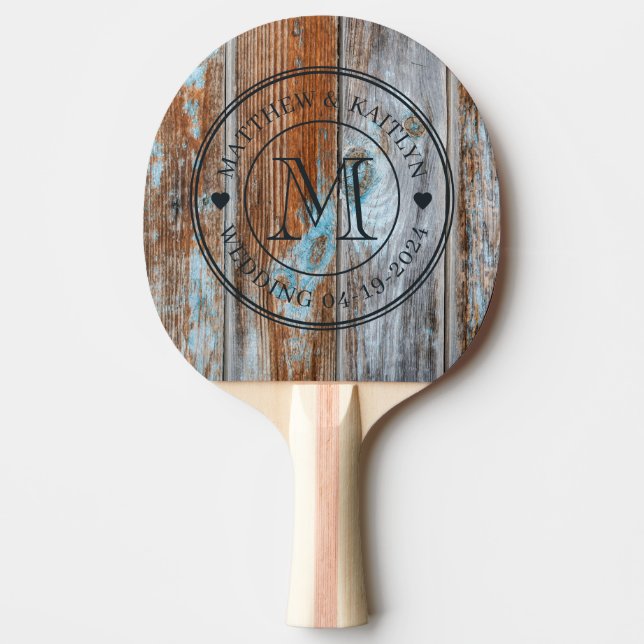 Worn Blue Wash Wood Wedding Monogram Heart Pingisracket (Framsidan)