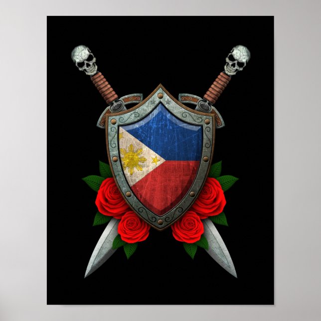 Worn Filipino Flagga Shield och Svärd med Ro Poster (Framsidan)