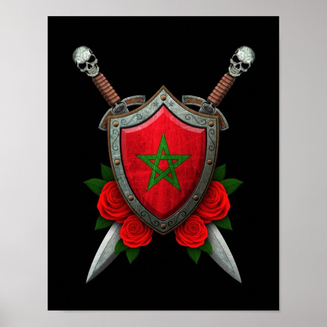 Worn Moroccan Flagga Shield och Svärd med Ro Poster (Framsidan)