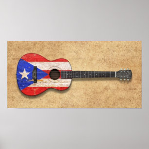 Worn Puerto Rico Flagga Acoustic Guitar Poster