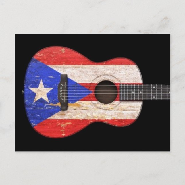 Worn Puerto Rico Flagga Acoustic Guitar, svart Vykort (Framsida)