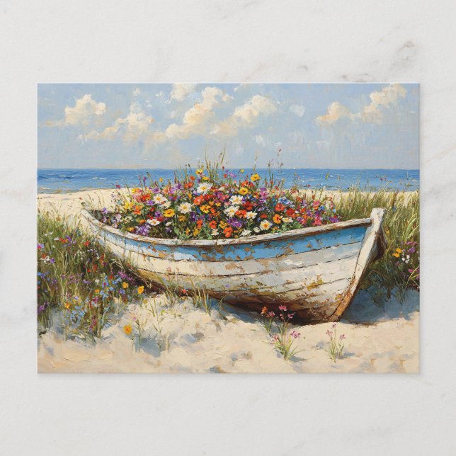 Worn Wood Boat med Wildblommor Vykort (Framsida)