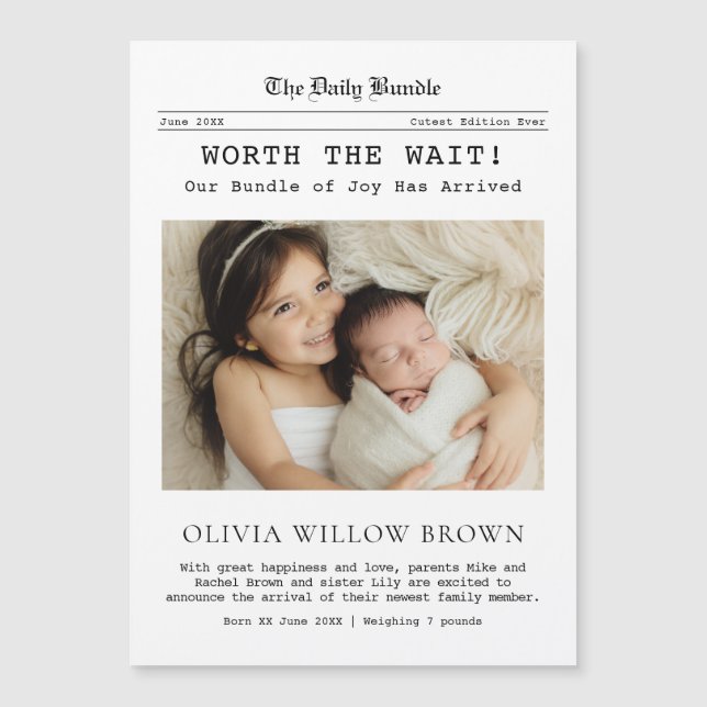 Worth the Wait, Newspaper Newborn Magnetic Card (Framsida)