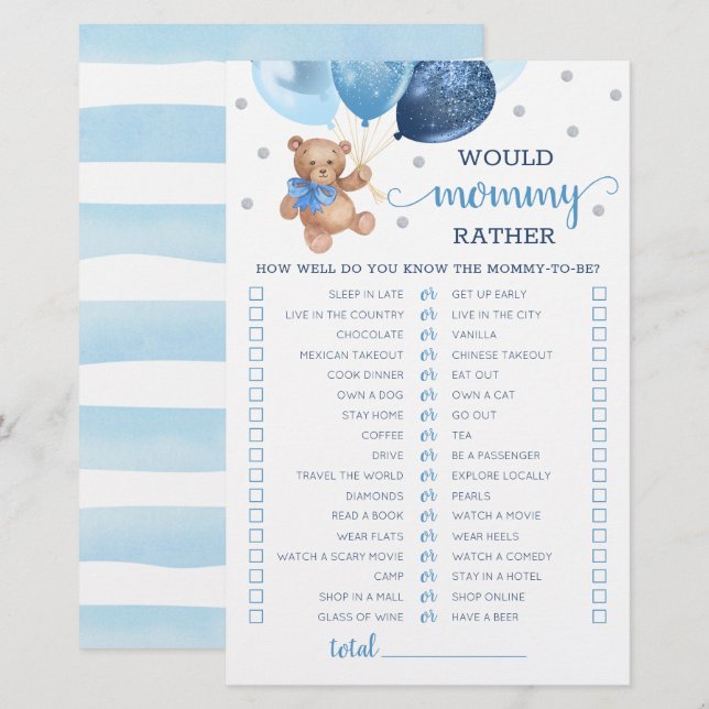Would Mommy Rather Game Baby Shower Teddy Bear öve (Fram/baksida)