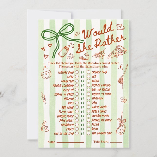 Would She Rather Baby Shower Game in Red Green (Framsida)