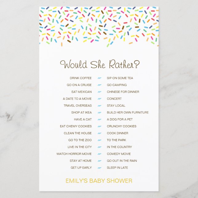 Would She Rather Baby Shower-spel UTRYCKT (Framsida)