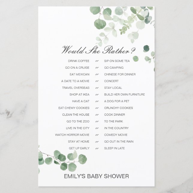Would She Rather Baby Shower-spel UTRYCKT (Framsida)