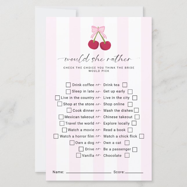 Would She Rather Bridal Shower Game Coquette (Framsida)