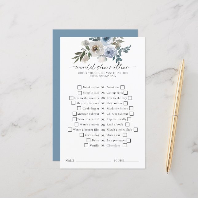 Would She Rather Bridal Shower Game Dusty Blue (Fram/Back In Situ)