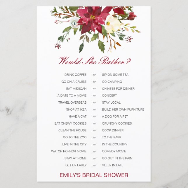 Would She Rather Bridal Shower Game PRINTED (Framsida)