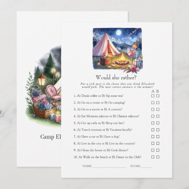 Would She Rather Camp Bachelorette Weekend Game Inbjudningar (Fram/baksida)