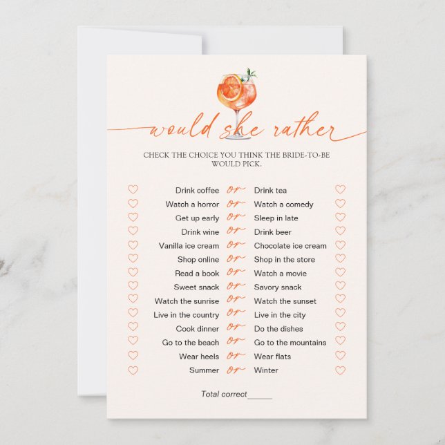 Would She Rather Cocktail Bridal Shower Game  Inbjudningar (Framsida)