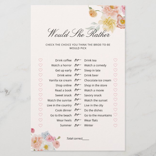 Would She Rather Floral Bridal Shower Game  (Framsida)