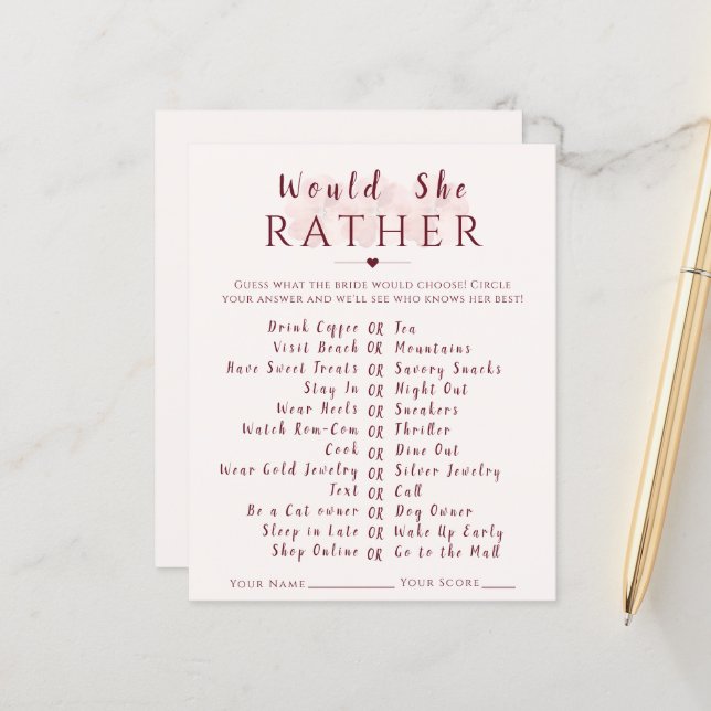 Would She Rather Floral Bridal Shower Game Card (Fram/Back In Situ)