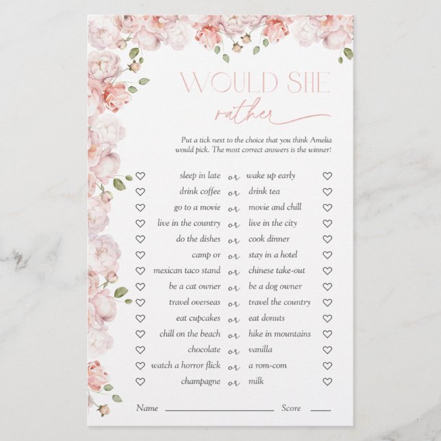 Would She Rather Floral Pink Bridal Shower Game (Framsida)