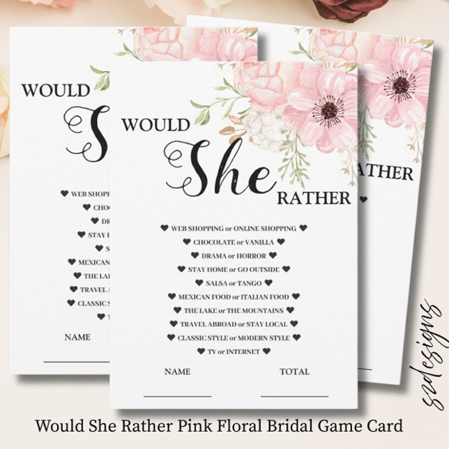 Would She Rather Pink Floral Bridal Game  Card Inbjudningar (Skapare uppladdad)