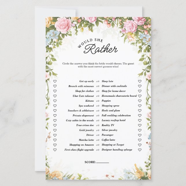 Would She Rather Tea Party Bridal Shower Game (Framsida)