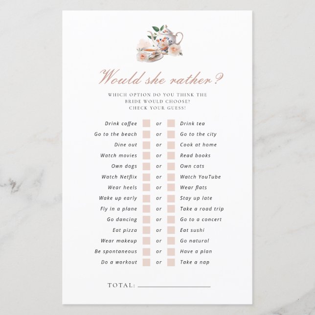 Would She Rather Tea Party Bridal Shower Game (Framsida)