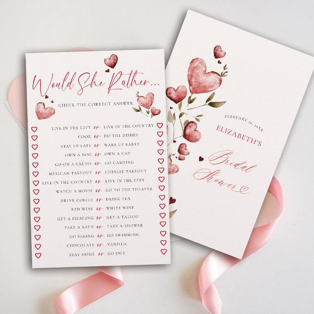 Would She Rather Valentine Vine Bridal Shower Game Flygblad (would she rather valentine bridal shower game watercolor hearts vine romantic lovebirds love)