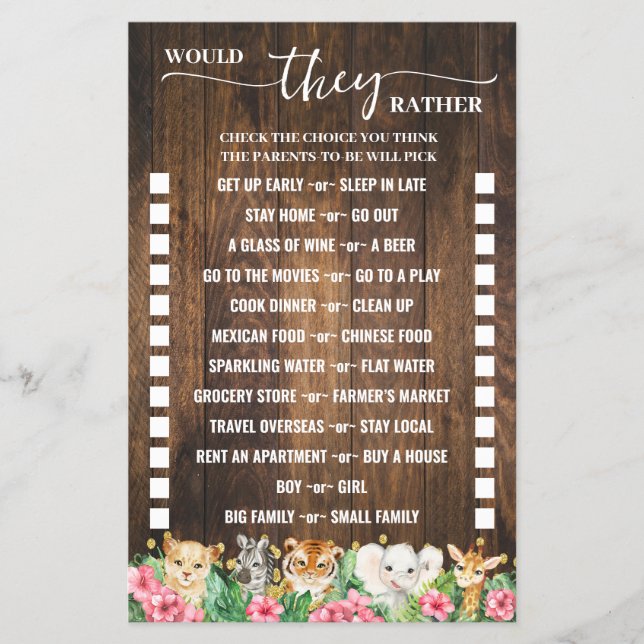 Would They Rather Rustic Pink Safari Game Card Flygblad (Framsidan)