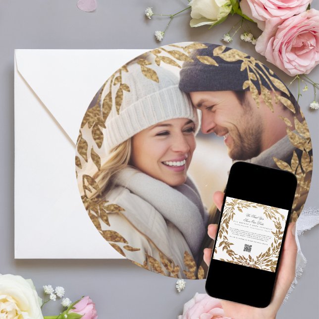Woven Golden Wandeans | Foto QR-kod runda Bröllop Spara Datumet (Skapare uppladdad)
