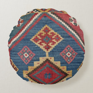 Woven Kilim Royal Blue Yellow Classic Rund Kudde