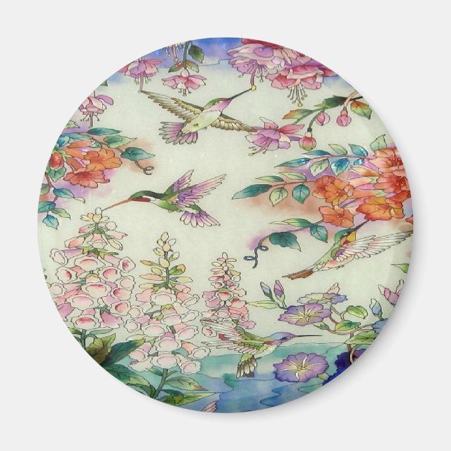 Wow av hummerfåglar och blommor i nedfläckad av gl magnet (Framsidan)