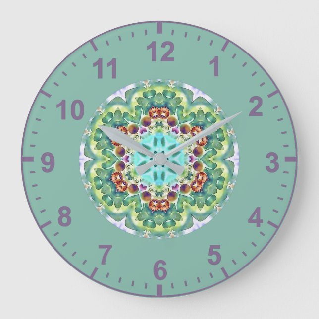 WOW! Fractal Mönster Grönt, Mauve White och Aqua Stor Klocka (Framsida)