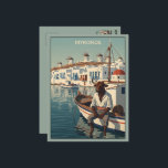 WPA Themed Mykonos  Vykort<br><div class="desc">Greece WPA-vintage travel-poster style meets Greek mythology in this humorous Mykonos harbour postcard, blending classic 1930s design with a calm, seated Minotaur boatman. Inspired by authentic WPA colour fields and geometric shading, the scene captures the whitewashed Cycladic houses, blue shutters, windmills, and a traditional fishing boat at golden hour. It’s...</div>
