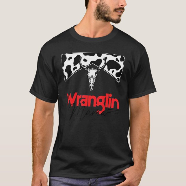 Wrangling Mamma Bull Skull Leopard Westernare Mor T Shirt (Framsida)
