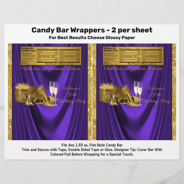 Wrapper för Lila Guld Födelsedagsfest Candy Pub Wr Reklamblad (Framsidan)