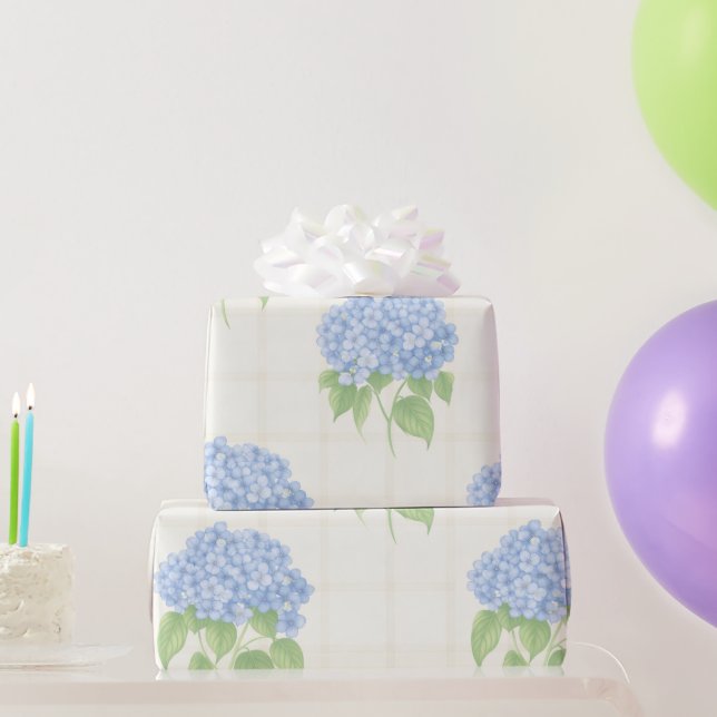 Wrapping Paper | Blue Hydrangea | Luxe Ivory Plaid Presentpapper (Festgåvor)