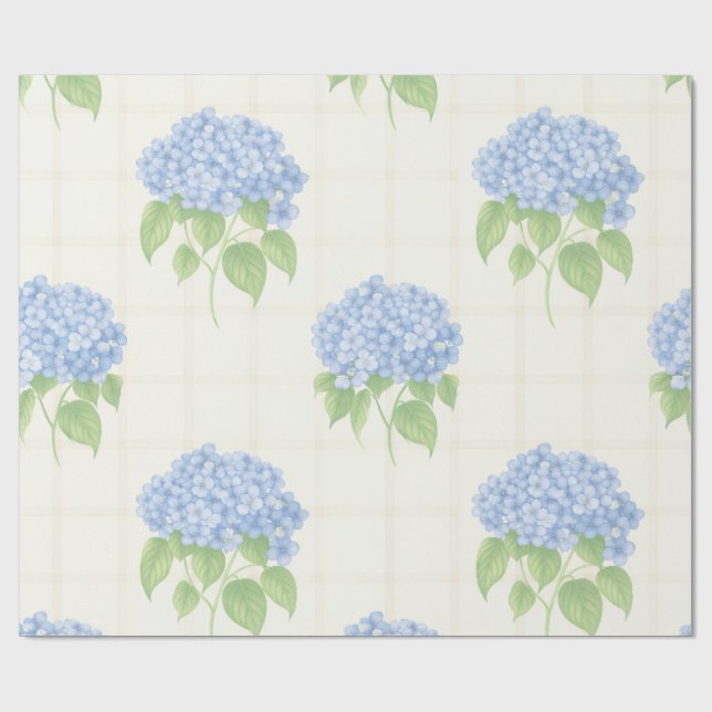 Wrapping Paper | Blue Hydrangea | Luxe Ivory Plaid Presentpapper (Platt)