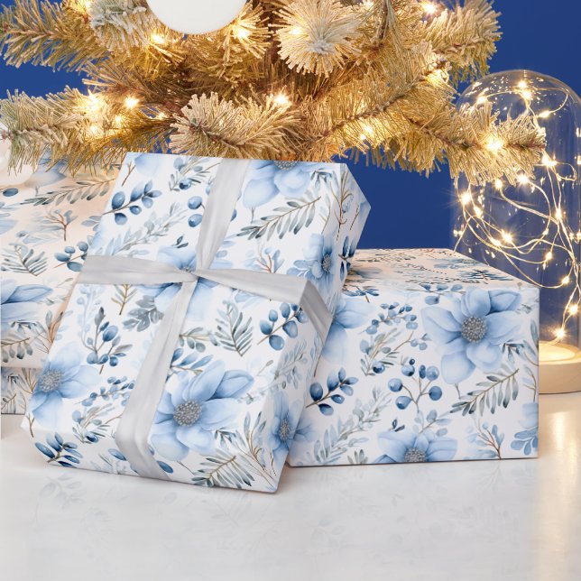 Wrapping Paper - Blue Winter Floral Pattern Presentpapper (Helgdagar)