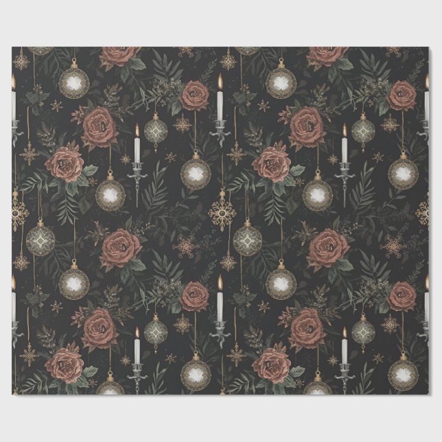 Wrapping Paper – Crimson Roses, Gold Ornaments  Presentpapper (Platt)