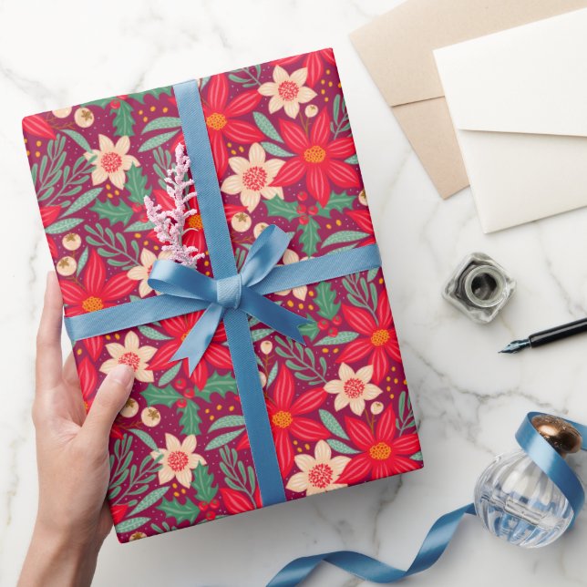 Wrapping paper for Christmas with red poinsettia. Presentpapper (Gifting)