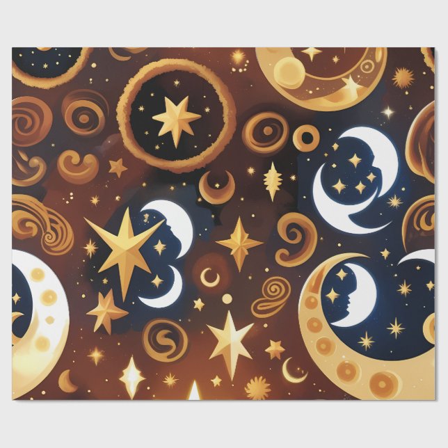 Wrapping Paper -Golden Ochre Celestial Moon Patten Presentpapper (Platt)