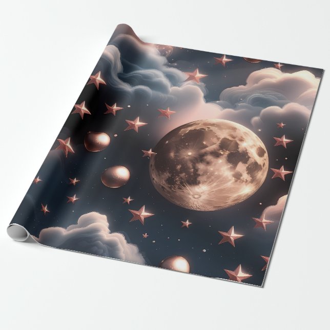 Wrapping Paper – Luxury Rose Gold Celestial Moon  Presentpapper (Utrullad)