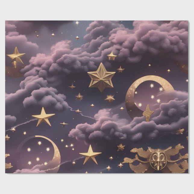 Wrapping Paper - Luxury Smoky Plum Celestial Moon Presentpapper (Platt)