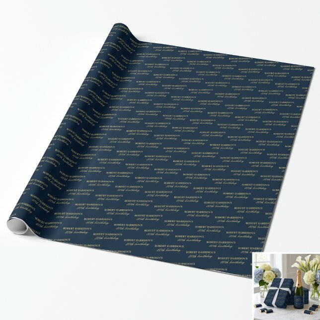 Wrapping Paper Name Age Navy & Gold 80th Birthday Presentpapper (SEE FULL SUITE AT BOTTOM)