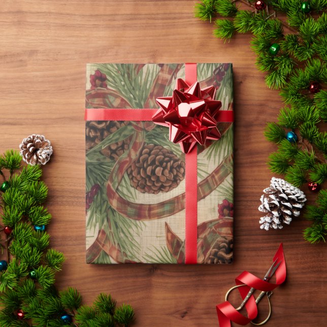 Wrapping Paper Rustic Pinecone Holiday Ribbon Presentpapper (Julgåva)