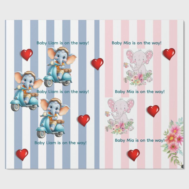 Wrapping Paper Twins Blue Pink Stripe Elephant Presentpapper (Platt)