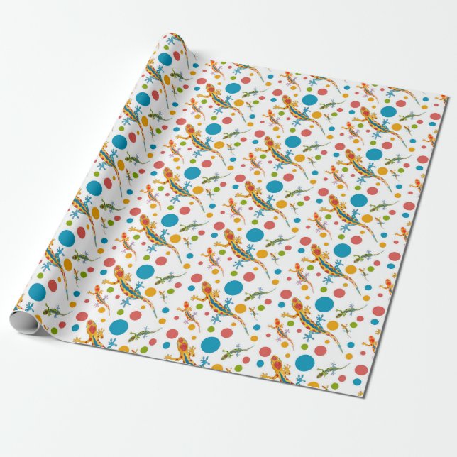 Wrapping paper with colourful gecko design presentpapper (Utrullad)
