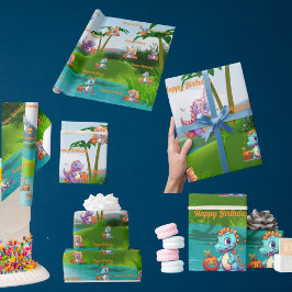 Wrapping Papper Barns födelsedag Gift Baby Dinosau Presentpapper