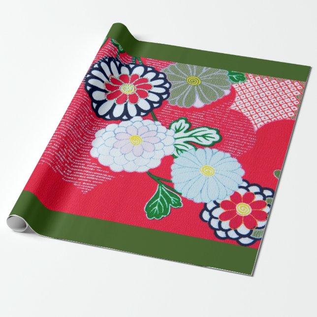 Wrapping Papper KIMONO FLOWER MÖNSTER RED AND WHIT Presentpapper (Utrullad)