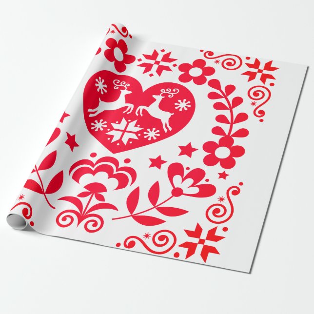 Wrapping Papper RED SCANDINAVIAN CHRISTMAS DESIGN Presentpapper (Utrullad)