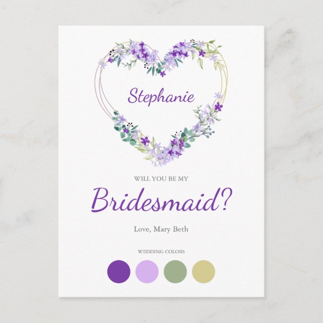 Wreath Heart in Purple Shades Bridesmaids Proposal Inbjudan Vykort (Framsida)